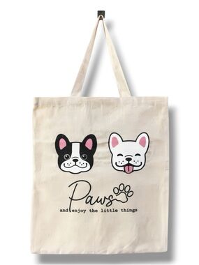 "Paws And Enjoy The Little Things" French Bulldogs Canvas Tote Bag - NWT